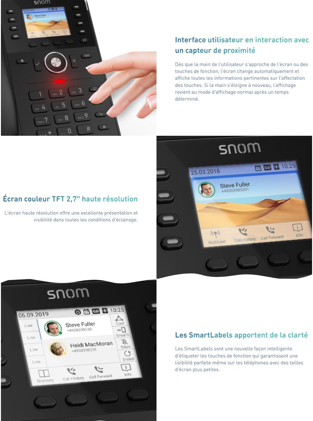 Snom Global Desk TELEPHONE D735 (écran TFT Graphique Haute Résolution 2, 7 ”, 32 touches de Fonction Auto-Étiquetantes (8 Physiques)) Noir