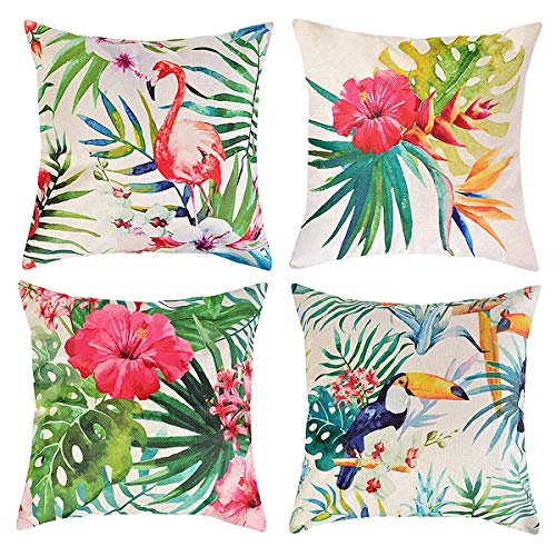 MaoXinTek Housse De Coussin Lot de 4 Tropical Plantes en Coton et Lin Carré Décoratif Taie d'oreiller pour Chambre Salon Bureau Voiture Canapé 44.5 x 44.5cm