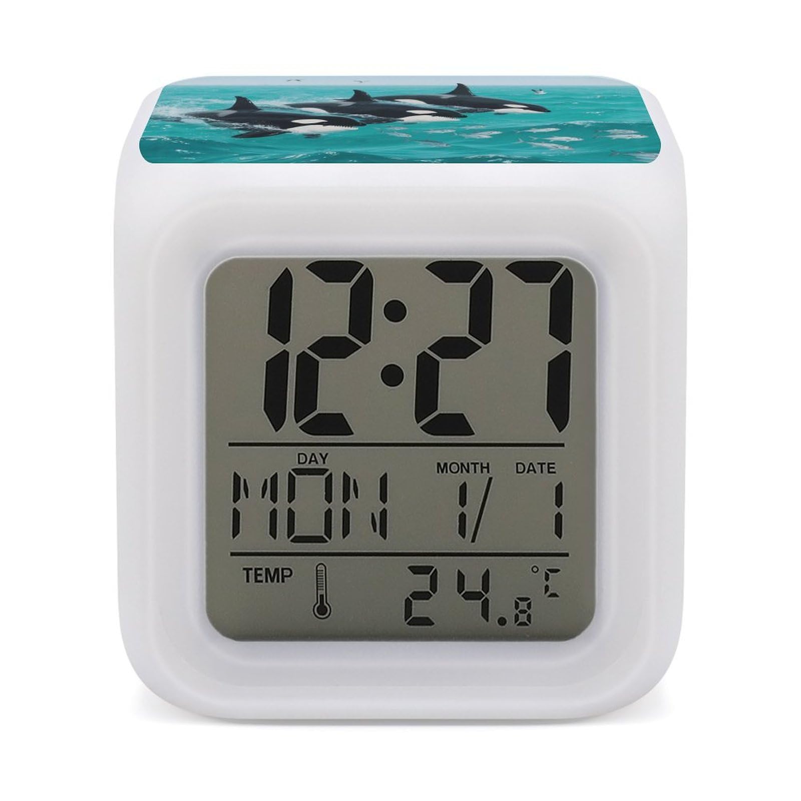 VstaDank Underwater Whale Alarm Clock with Date Temperature Large LED Display Number Clocks with 7 Colors Changing Desk Clock Battery Operated Digital Clocks with Date for Heavy Sleepers