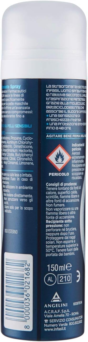 Infasil Uomo Derma 48h Fresh - Deodorante spray da uomo, con molecola 2C, freschezza intensa, 150 ml, 12 pezzi + portachiavi Italy Shop in omaggio