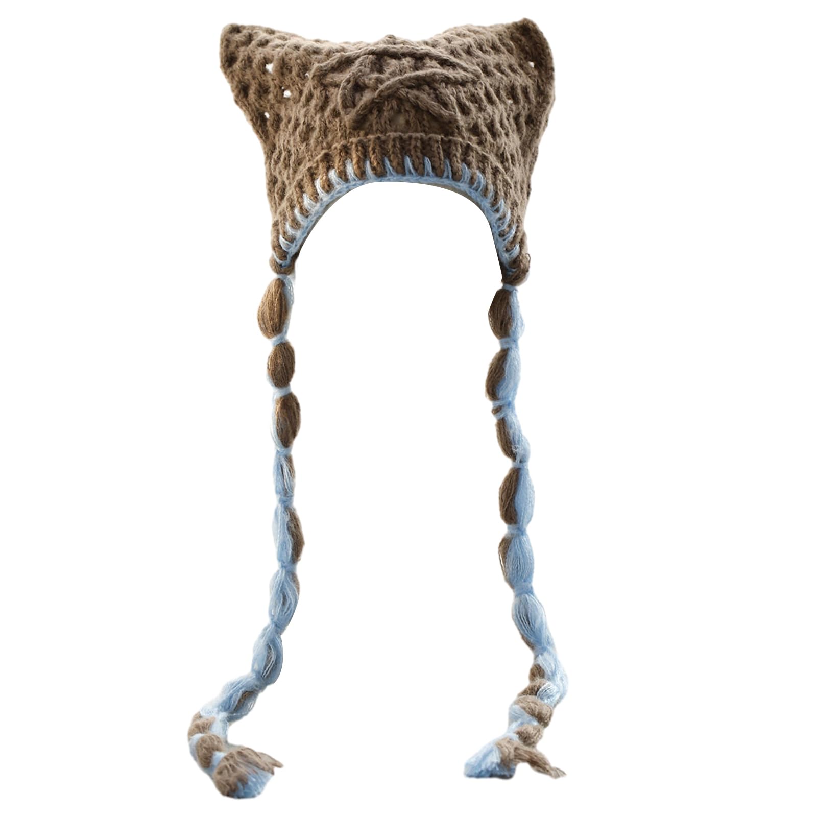 Adult Cat Ear Hat with Color Braids Students Outdoor Cycling Skiing Hat Lovely Cold Winter Keep Warm Hat for Couple Khaki