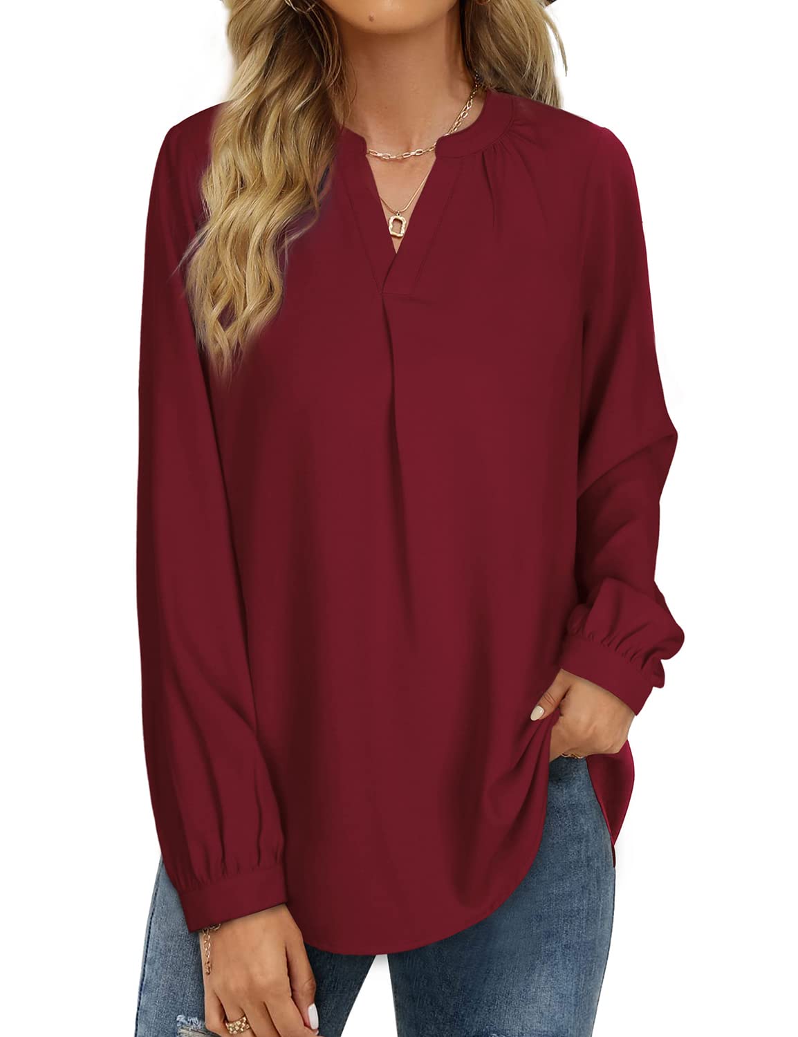 WFTBDREAMWomens Long Sleeve Chiffon Blouses Casual Pleats V Neck Shirts for Work