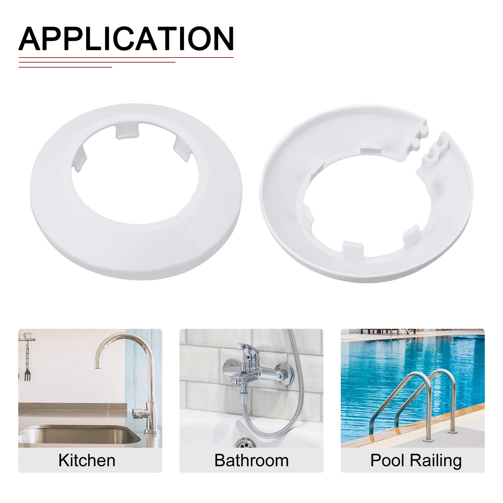 DTGN 75x13mm(DxT) Pipe Cover Decoration - 4Pack - Good for Bathroom Kitchen 44mm Dia Pipe - PP Plastic Escutcheon - White - Image 4