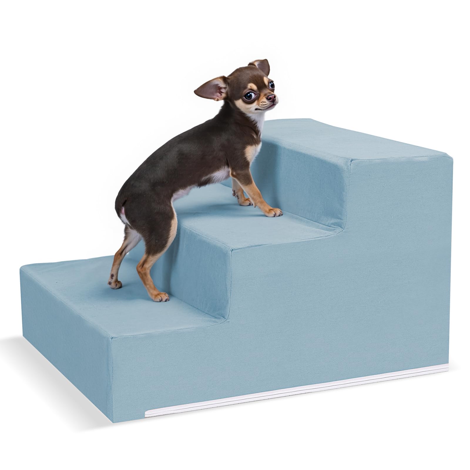 Pet Stairs for Small Dogs & Cats - 3/4/5 Steps, Non-Slip Extra Wide Design, Gentle Angle for Joint Protection, High Density Foam, Washable Cover, Fits Beds & Couches, 3 Steps-Blue Bird