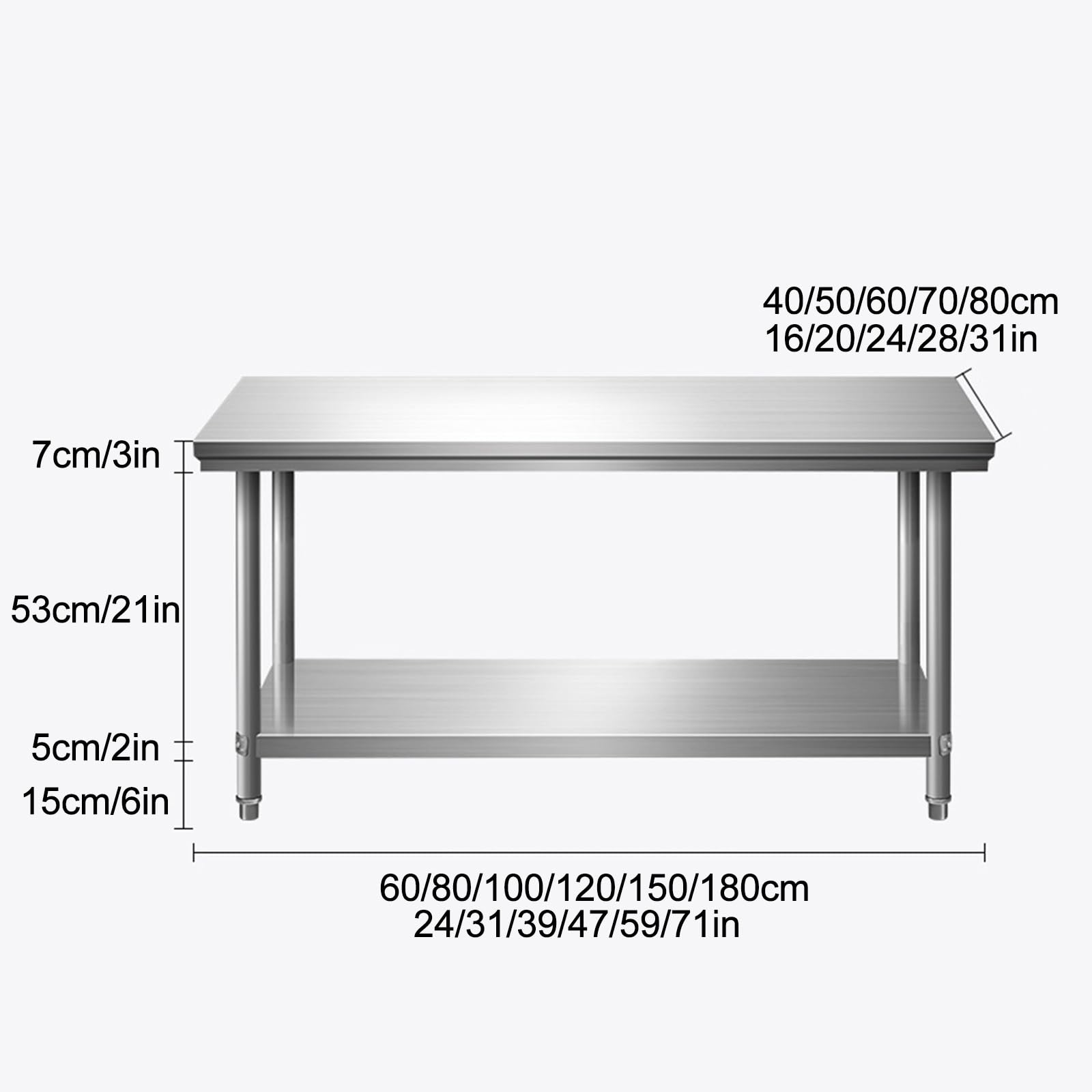 Mesa de preparación de Alimentos, Mesa Comercial de Acero Inoxidable, Mesa de Trabajo para Barbacoa con 2 estantes, Mesa de Trabajo de Cocina Resistente, para el hogar, Restaurante, Hotel, a