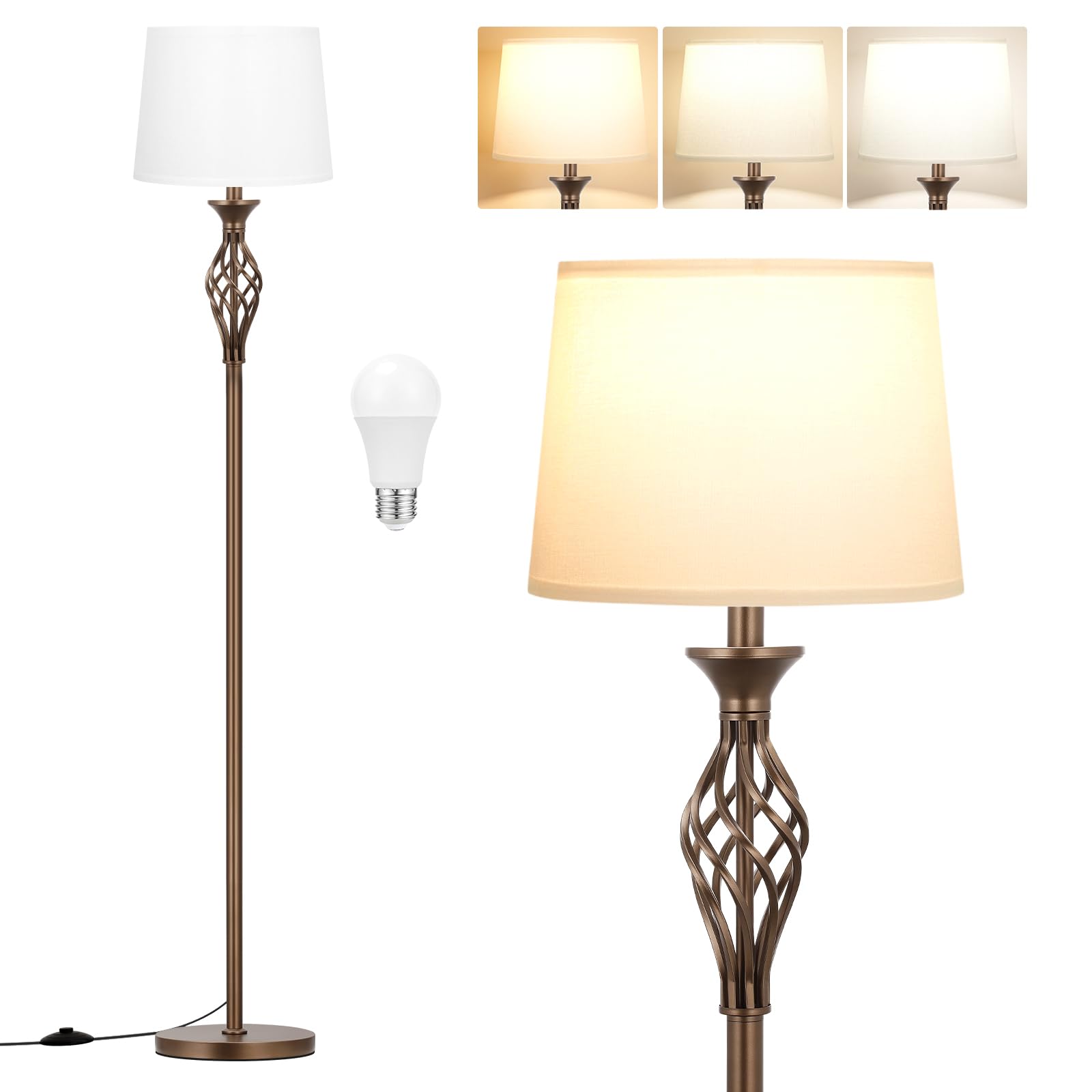 Ambimall Floor Lamps for Living Room - 3 Color Temperature Standing Lamp with 9W LED Bulb, Farmhouse Floor Lamp with White Shade, Modern Tall Lamp for Bedroom Office Corner - Brown