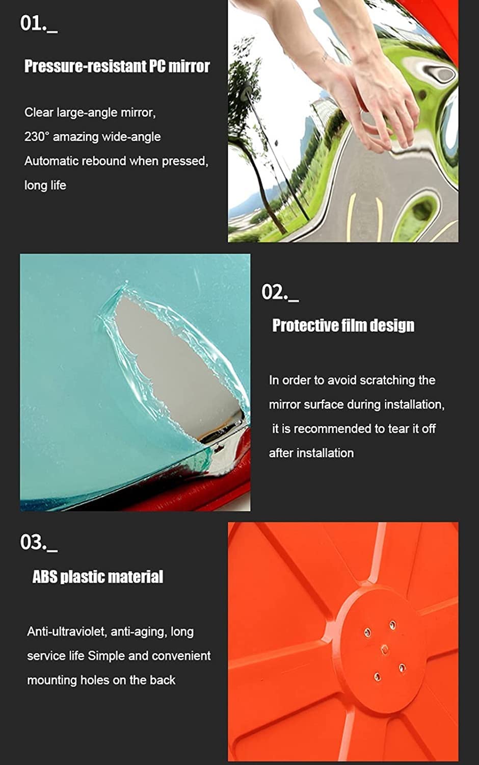 Miroir de sécurité Convexe, lentille Grand Angle extérieure, Polycarbonate Orange pour la Surveillance de sécurité des Angles Morts, résistant aux intempéries, Non déformé, Une Couleur