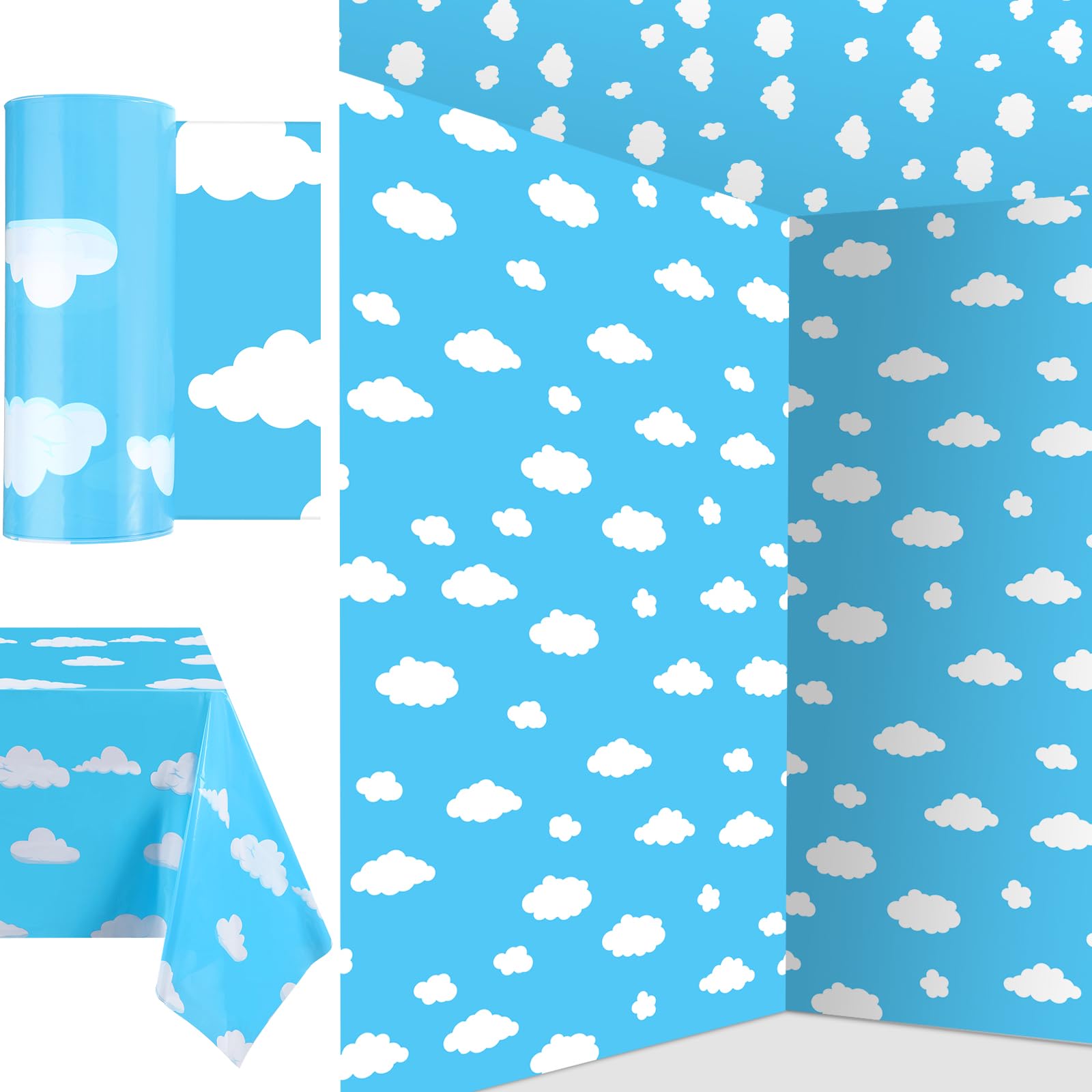 Ctosree 78.7 in x 100 ft Blue Sky White Clouds Tablecloth Roll Plastic Cartoon Story Birthday Party Supplies Cartoon Table Cover for Baby Shower