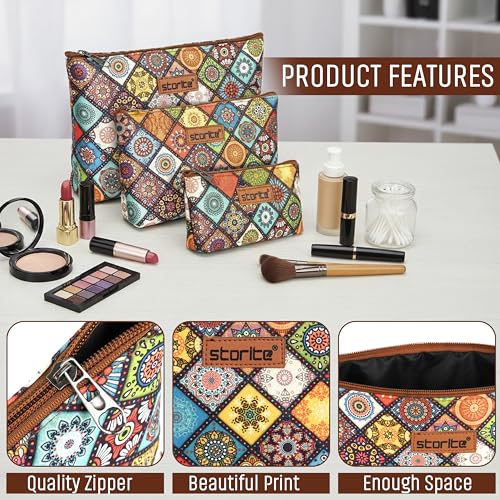 Image of Storite Set of 3 Printed Cosmetic Pouches for Women | Makeup, Toiletry & Travel Organizer Bags | Multicolor Zip Pouches