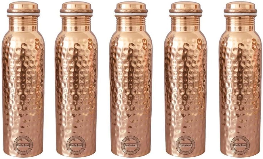 5 Stück Wasserflasche aus reinem Kupfer, gehämmert, auslaufsicher, Design Gefäß, Ayurveda, Gesundheit, Krug für Fitness, Sport, Yoga, 750 ml