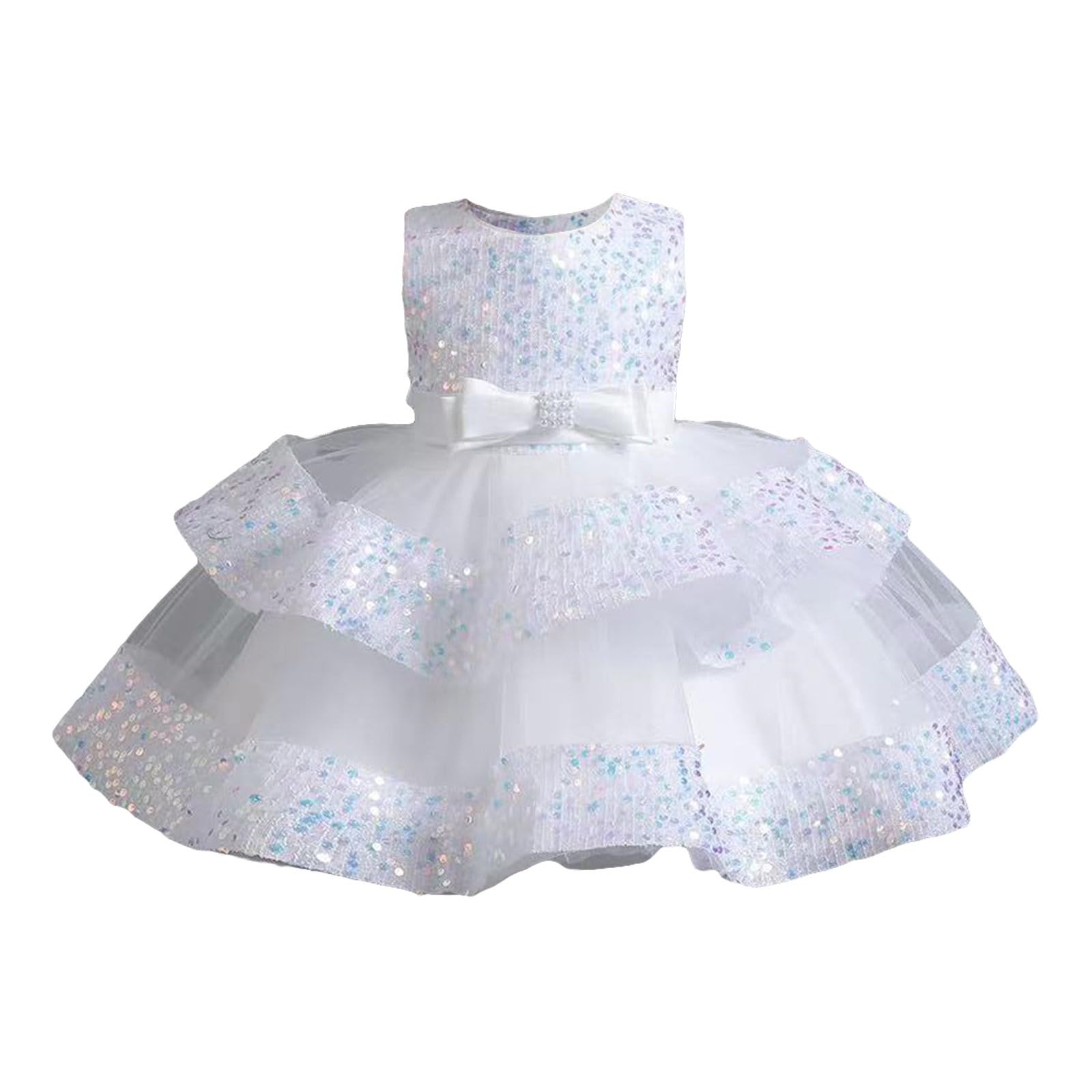 RNTOP Toddler Baby Girl Pageant Dress Sleeveless Sequins Princess Dress Flower Girl Wedding (White, 18-24 Months)