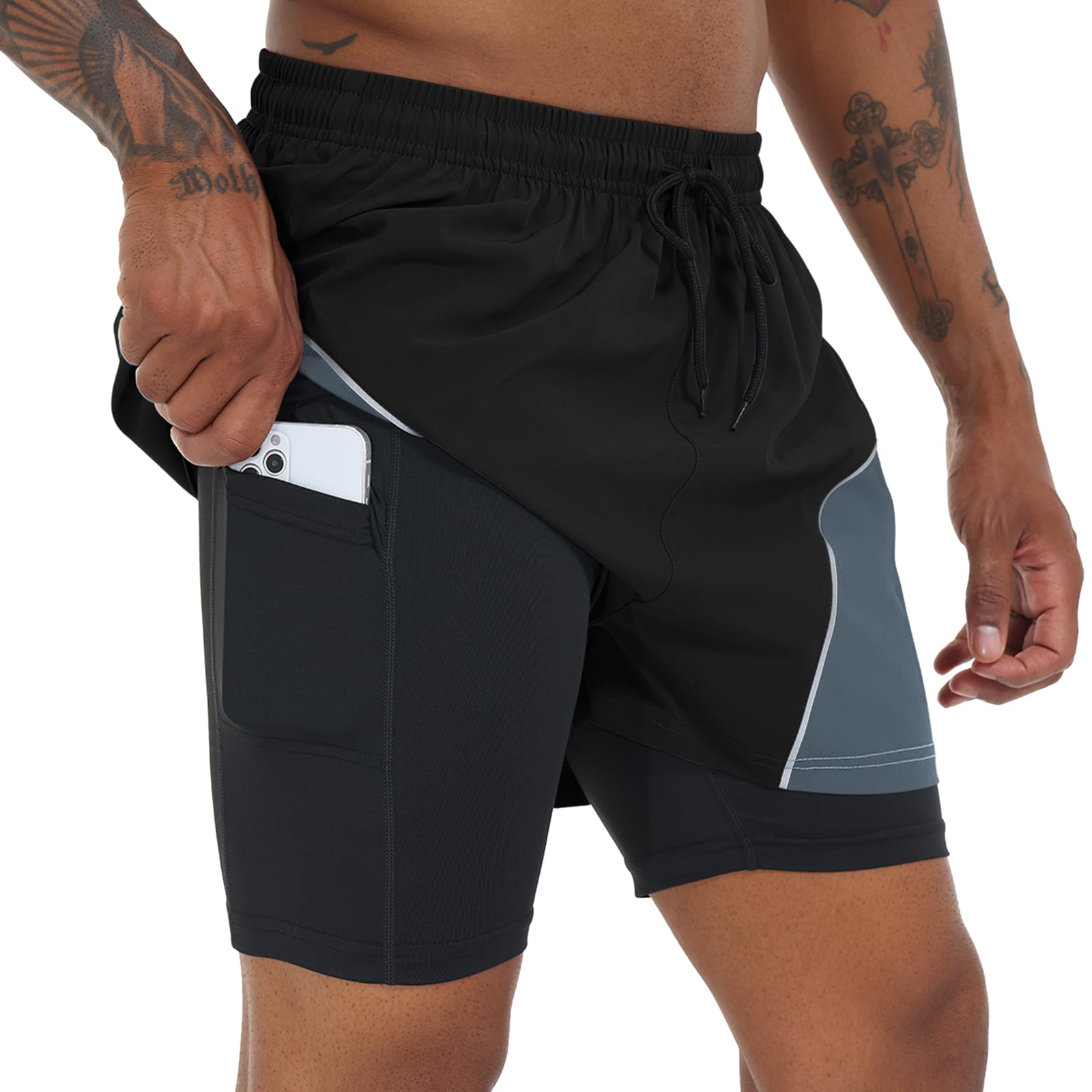 YuKaiChenMen’s 2 in 1 Running Shorts Gym Workout Quick Dry Lightweight Training with Liner