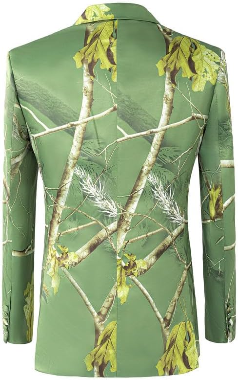 Mens Tuxedo Suit Jacket Casual Slim Fit Green Tree Pattern Dress Blazer for Men