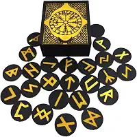 Caixa de Runas Nordicas Preta, 25 Peças com Símbolos Dourados, Conjunto de Runas Místicas Viking para Adivinhação