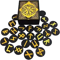 Caixa de Runas Nordicas Preta, 25 Peças com Símbolos Dourados, Conjunto de Runas Místicas Viking para Adivinhação