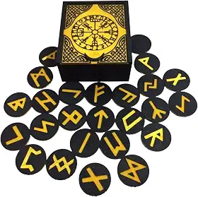 Caixa de Runas Nordicas Preta, 25 Peças com Símbolos Dourados, Conjunto de Runas Místicas Viking para Adivinhação