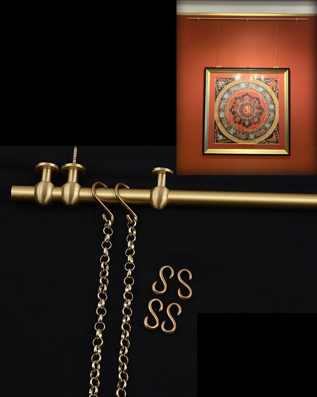 Antique Brass Wall Mounted Picture Hanging System, 63-inch Art Display Bar for Kids' Artwork, Gallery & Museum Frame Bracket Kit - Perfect for Home & Church Decor