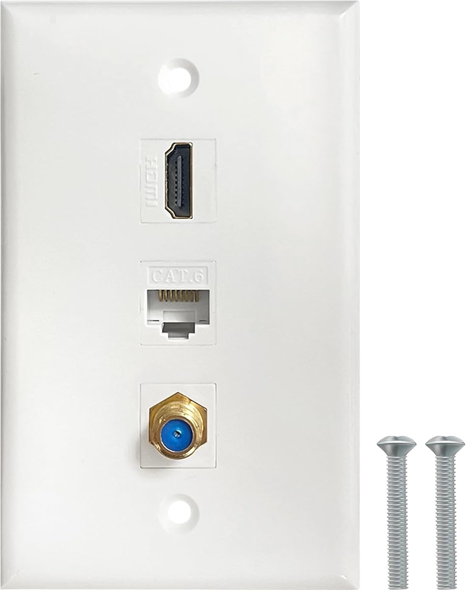 HDMI Coax Ethernet Wall Plate, 1 Port 4K HDMI Keystone, 1 Port Coax Keystone, 1 Port CAT6 Keystone Wall Plate
