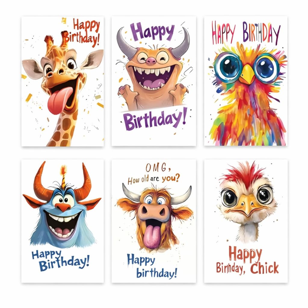 Funny Birthday Cards 12 Pack with Envelopes, 6 Unique Designs, Humorous Animal Characters, 9.5 x 13.5 cm