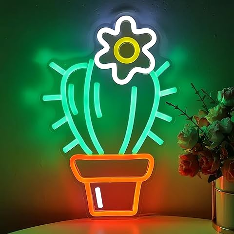 Cactus Neon Sign Cactus With a Flower LED Light Sign Houseplant Decoration Aesthetic Decor for Flower Store, Parties, Coffee Shops, Salons, Shop Window Store Display Beer Bar Opening Gift Green