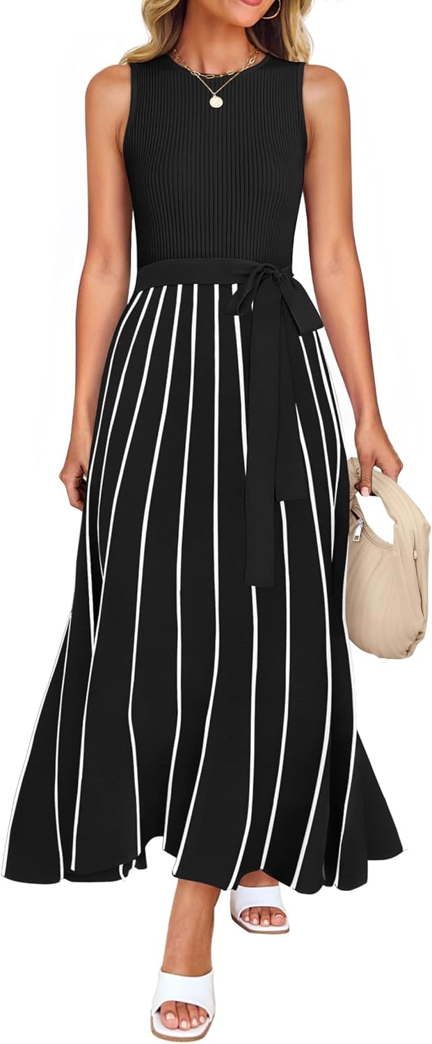ZESICA Women’s Summer Sleeveless Midi Dress 2025 Crewneck Ribbed Knit Tie Waist Casual A Line Swing Dresses