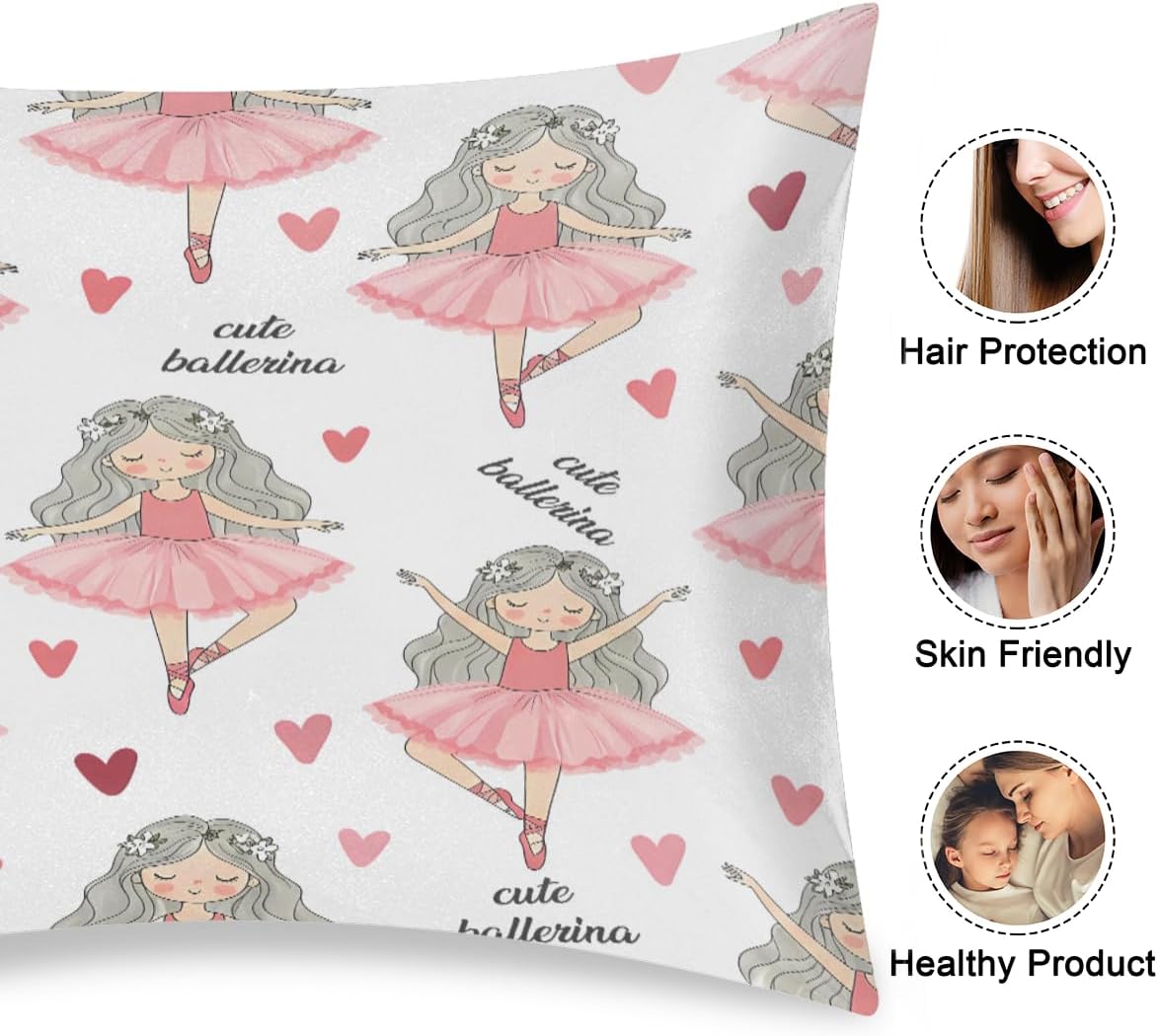 AUUXVA Girl Satin Pillowcase for Hair and Skin, Standard Size Ballet Ballerina Princess Pillow Sham with Envelope Closure Decorative Pillow Cover for Bedroom Cute Kids Pillow Case