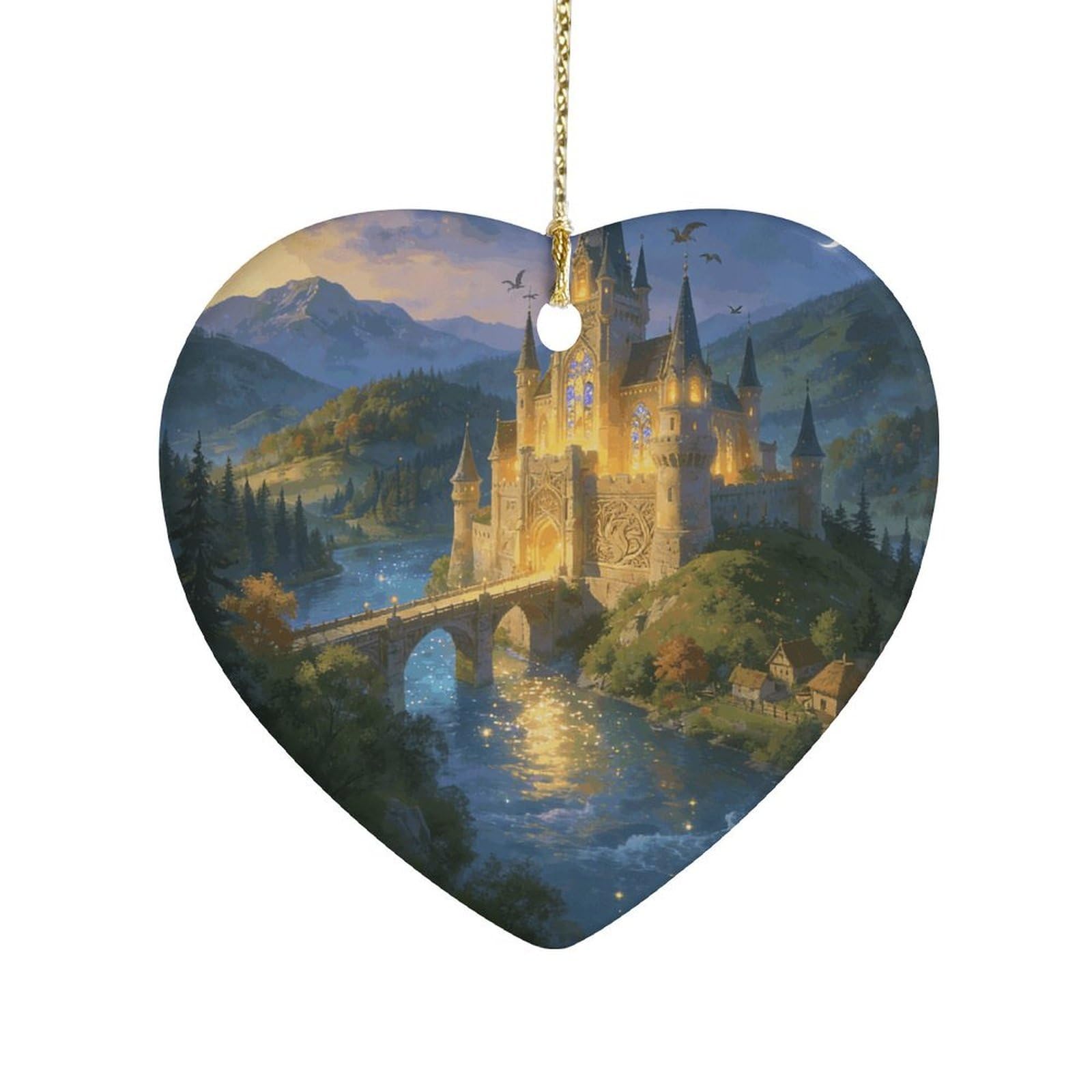 Khauerbc Style Fantasy Castleheart Shaped Ceramic Ornament With String,Ceramic Ornament,Two-Sided Printed For Christmas Tree And Holiday Decoration