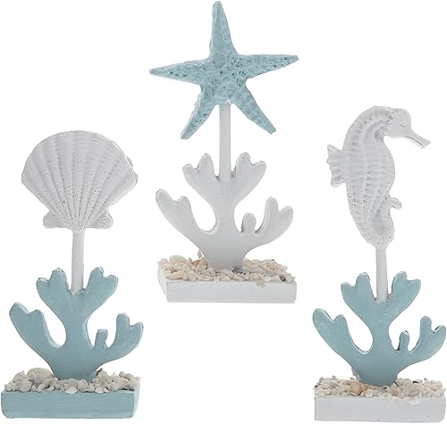 3 piezas de estatuas de conchas de mar de caballito de mar, decoración de resina, estilo náutico, esculturas de arte mediterráneo para decoración de