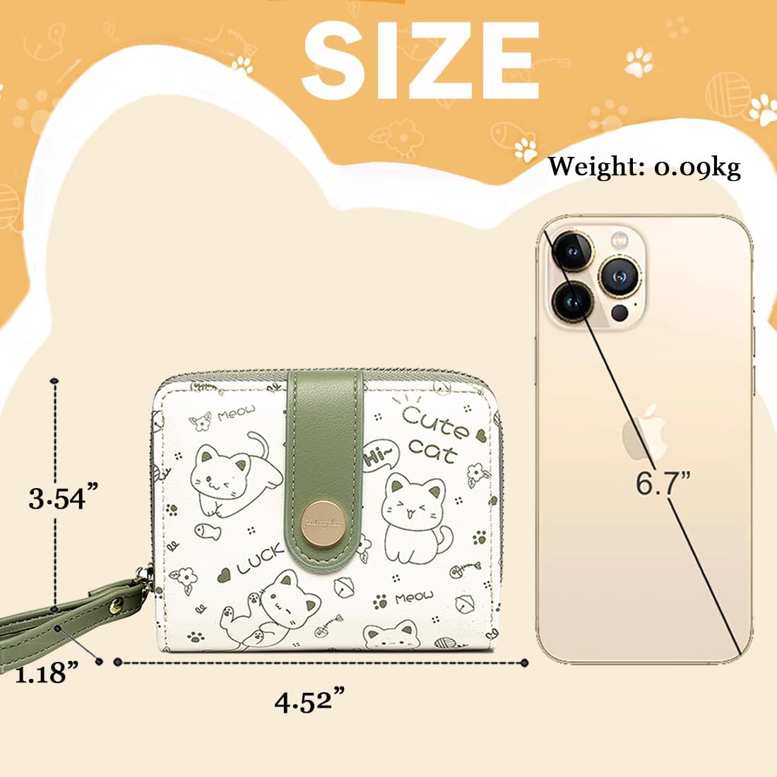 Sunwel Fashion Kid's Wallet Prints Kawaii Cat Wallets with Exterior Zipper Around Coin Purse Bill Wallet with ID Card Slots (GREEN) - Image 4