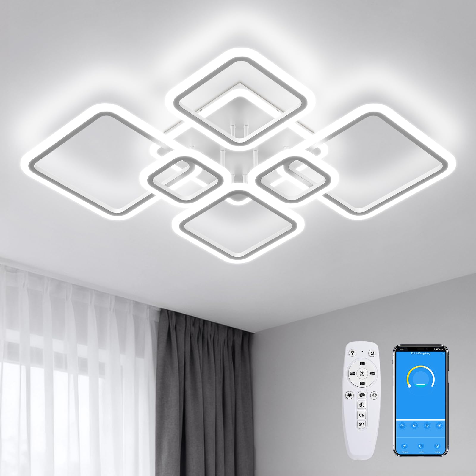 Plafoniera LED Soffitto Moderna Dimmerabile,120W Lampada da Soffitto con Telecomando & APP,3000K-6500K Plafoniera con Funzione di Memoria,Quadrata Lampada er Soggiorno Camera da Letto Cucina, Bianco