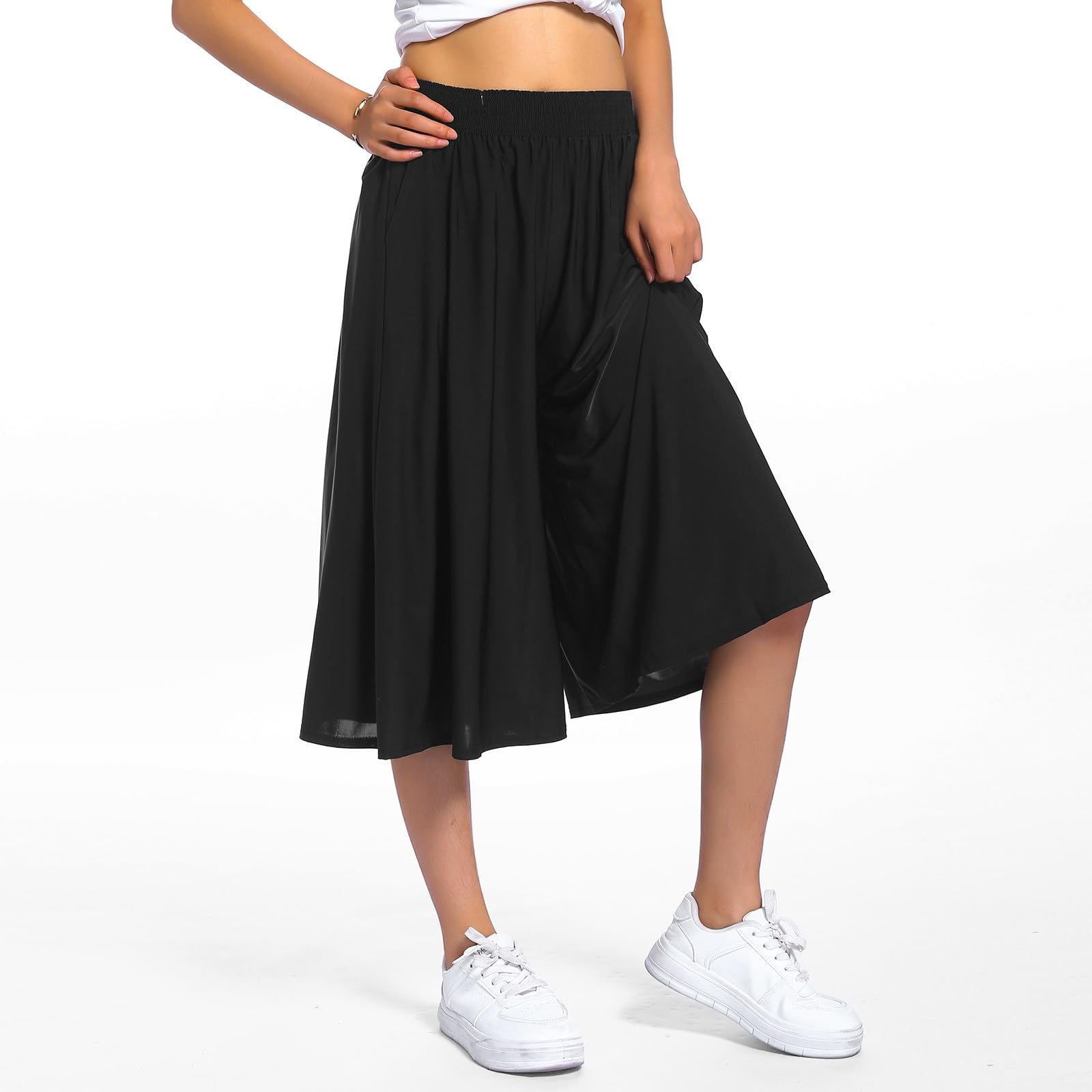 Pantalon Jupe Femme Décontractée 7/8eme Léger Taille Elastique Pantalon Été Chic Ample Jupe Culotte avec Poches Fluide Large Pantalons