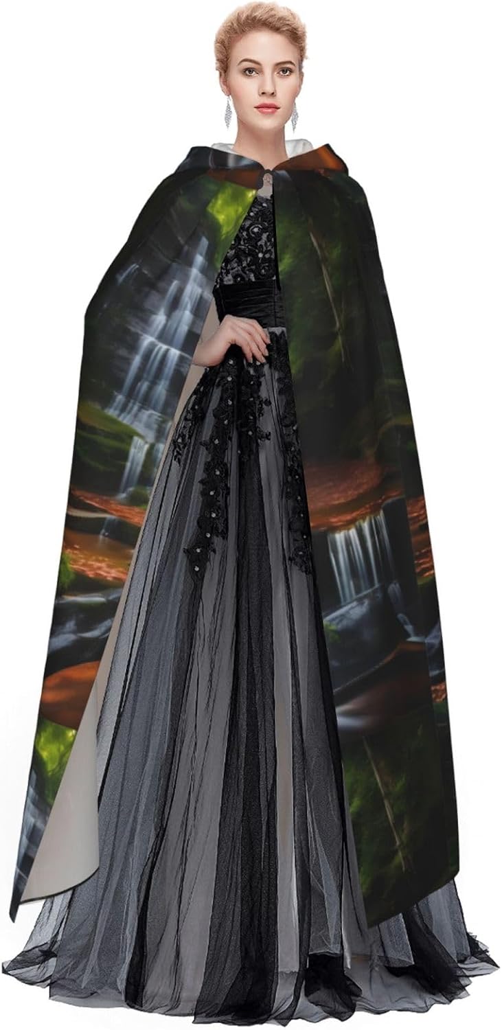 Waterfall View Men Women Halloween Role Play Party Decoration Hooded Poncho Black