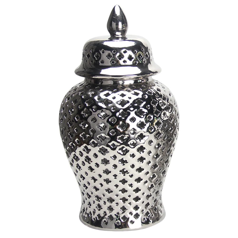 Luxshiny Traditional Pierced Ginger Jar with Lid, Carved Lattice Decorative Temple Jar Ceramic Ginger Jars Hollow Out Vase for Home Office Party Decor Silver