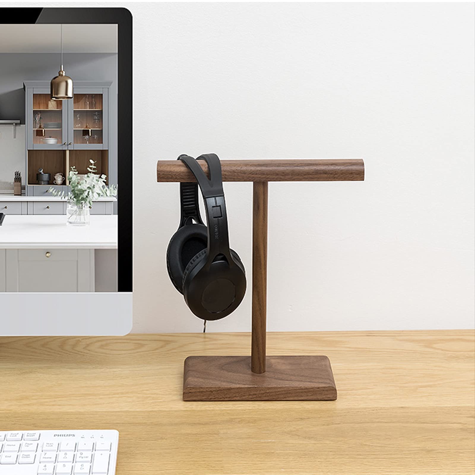 Supporto per Cuffie, Gancio per Auricolari, Doppio per scrivania, in Legno massello, per Gaming.