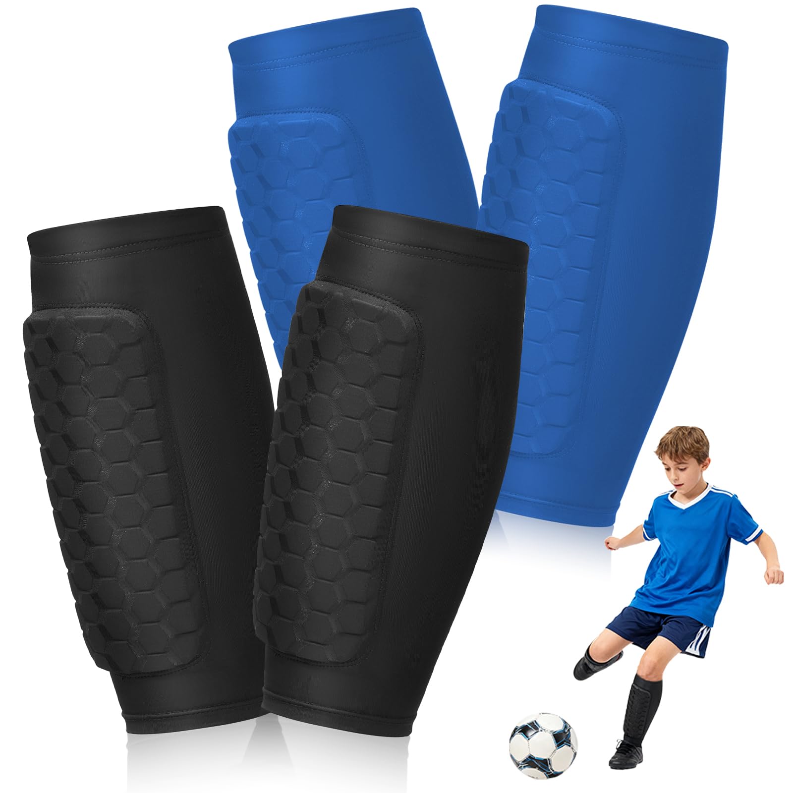 2 Paio di Parastinchi Calcio Bambino, Con Imbottitura Lunga a Nido D'ape, Manica Protettiva per Polpacci, Traspiranti e Non Slip, Parastinchi Calcio Professionali Antiurto