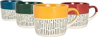 Nicola Spring 4pc Multicolour 450ml Dipped Dash Stoneware Coffee Mug Set - Large Rustic Coloured Ceramic Porcelain Tea Hot Chocolate Cups Set with Handle