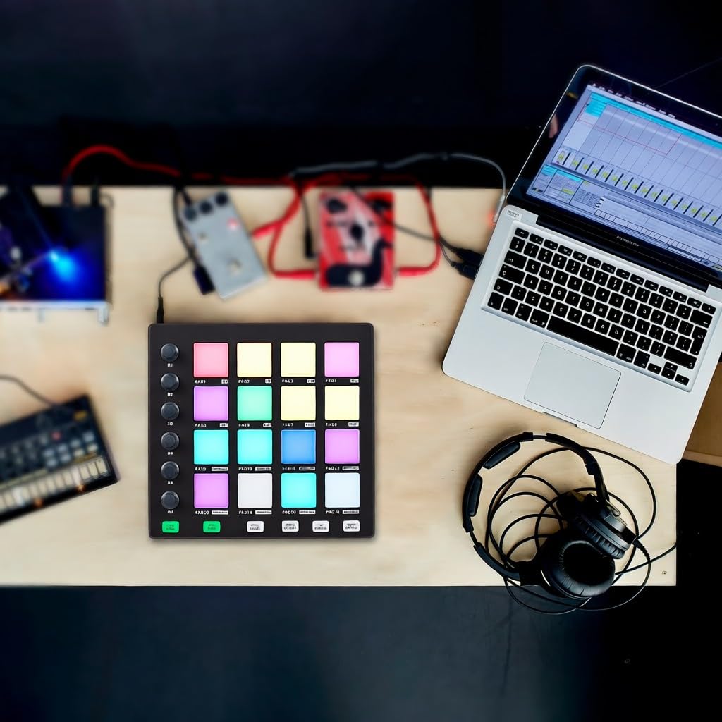 Máquina de creación ritmos controlador MIDI portátil con 6 perillas asignables repetición notas botones nivel completo y software producción pad USB para musical principiantes