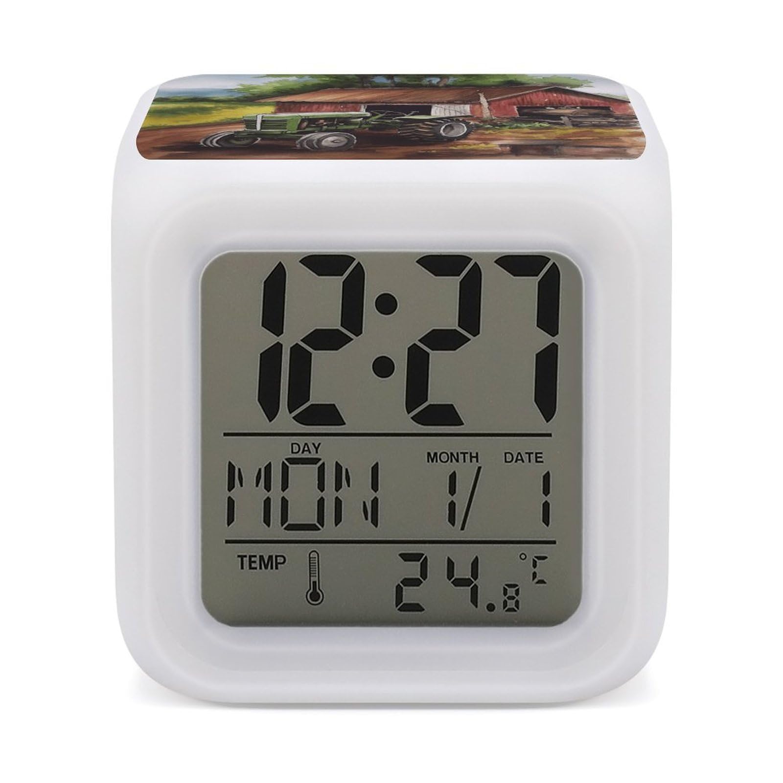 VstaDank Tractor on The Farm Alarm Clock for Bedrooms Small Clocks with 7 Color Night Light Desk Clock with Large Numbers Loud Wake Up Timer Ideal for Gift & Room Decor