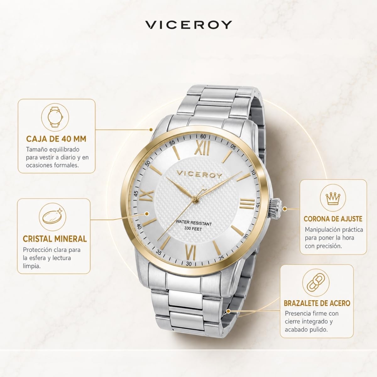 Viceroy Reloj Hombre Elegante de Acero Inoxidable - 40 mm - Movimiento de Cuarzo - Esfera Plateada - Bisel Dorado - Resistente al Agua 10 ATM - Brazalete de Acero - Colección Grand – 41145-83