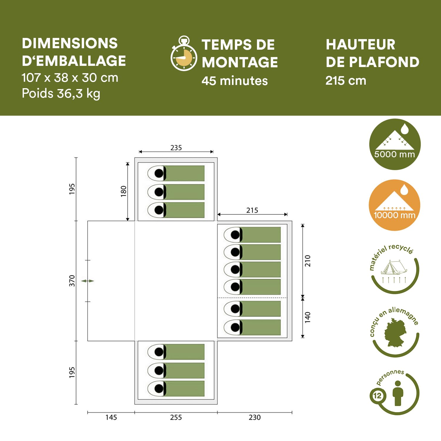 Skandika Nimbus 12 - Tente de camping familiale - 12 personnes - 630 x 760 cm