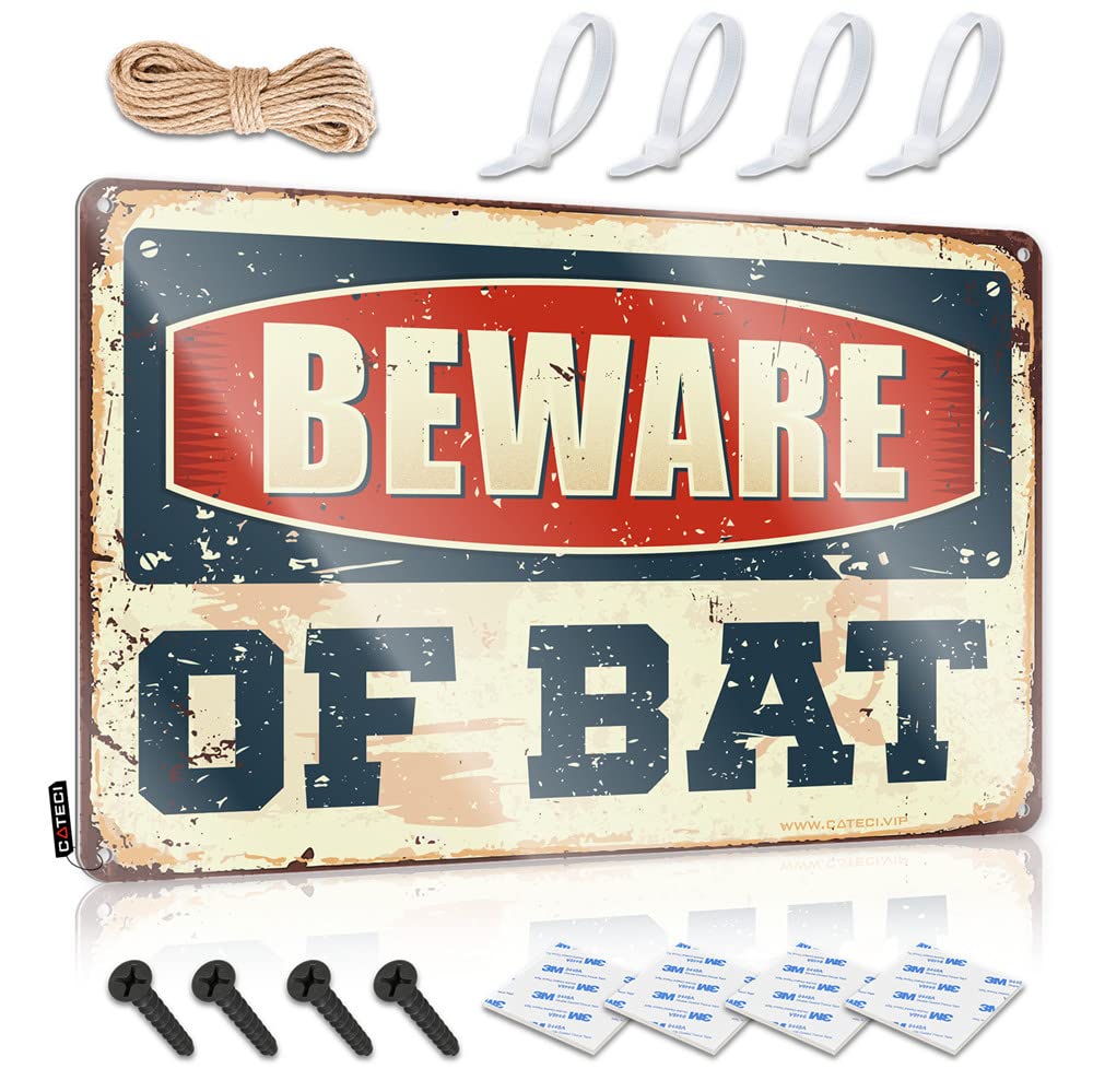 HELIOFORGE Beer Signs Metal Vintage Beware Of Bat Sign Funny Kitchen Decor Backyard Bar Sign(30X40CM)