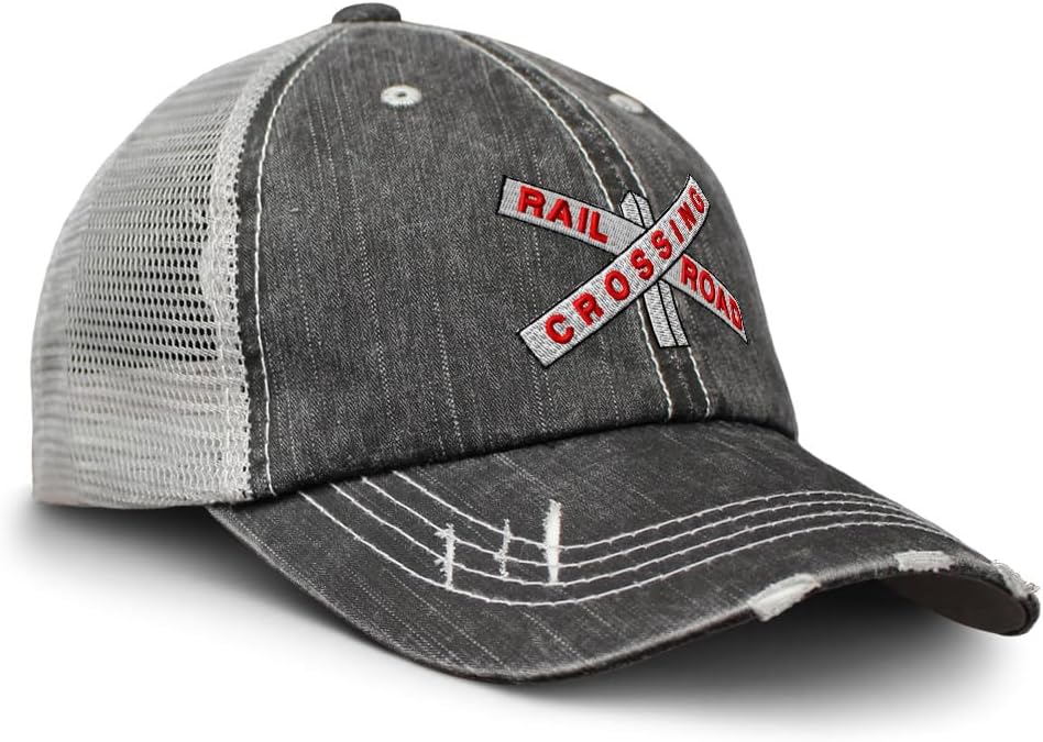 Soft Mesh Cap Hat Embroidered Railroad Crossing Embroidery Distressed Vintage Cap Cotton