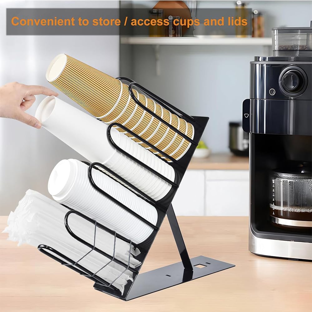 Soporte Para Tazas Y Tapa Con Soporte Para Pajitas, Dispensador De Tazas De Café Ajustable, 4 Compartimentos Dispensador De Tazas Desechables Para Estación De Café Oficina Cocina - Negro