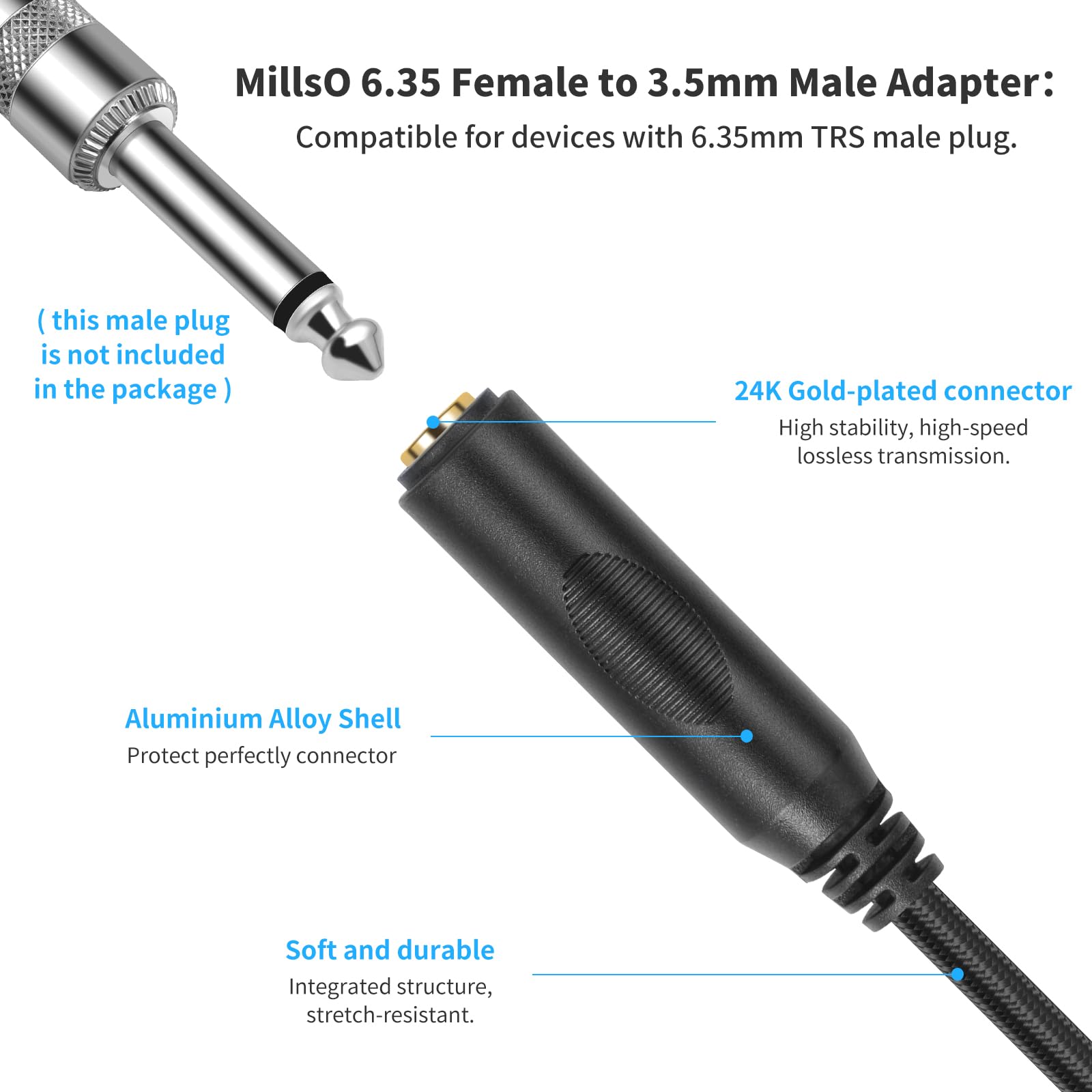 Adattatore audio stereo da 6,35 mm a 3,5 mm, cavo adattatore audio stereo da 6,35 mm femmina a maschio 3,5 mm, cavo in nylon intrecciato da 30 cm per cuffie, chitarra, amplificatore