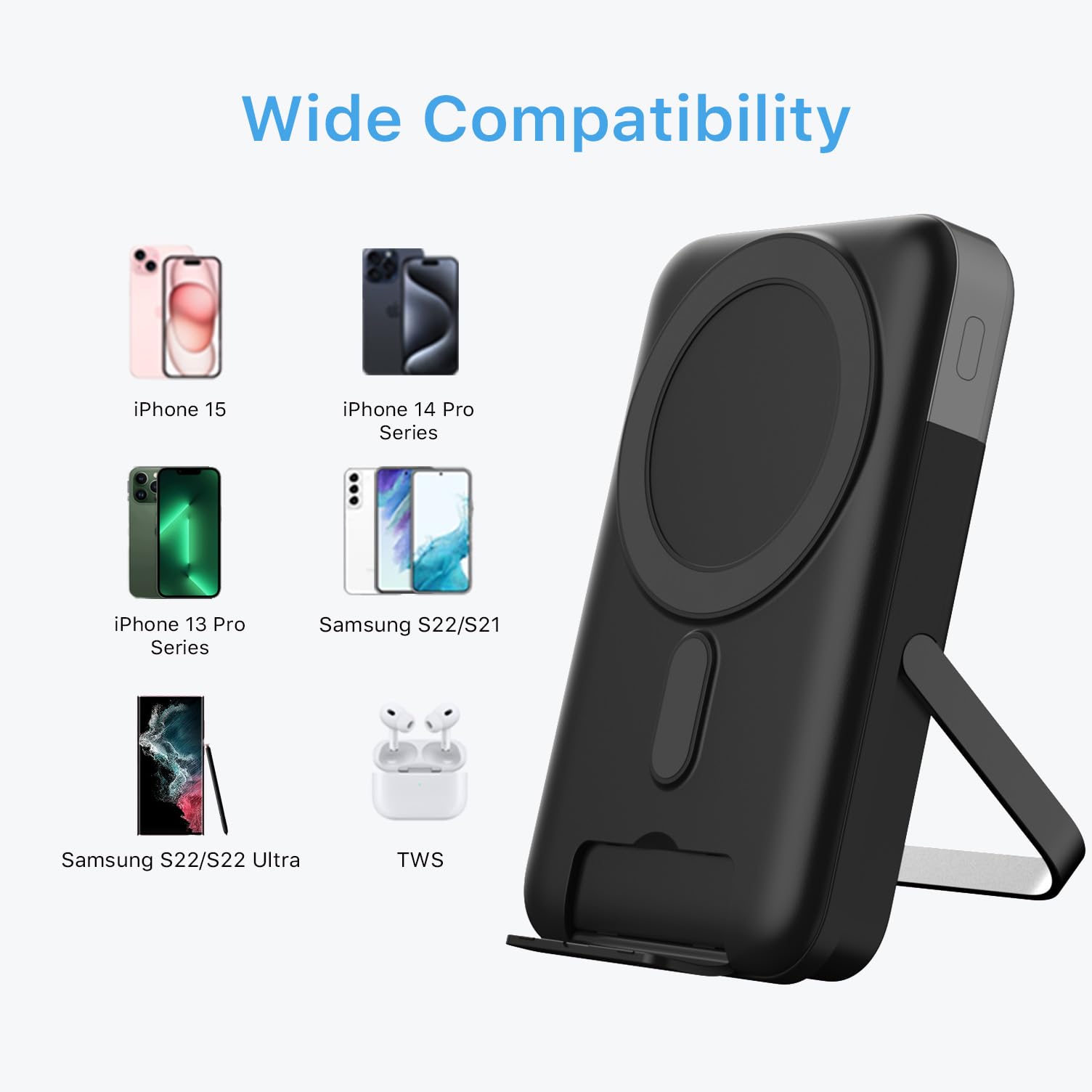 JUOVI Power Bank Magnético, 10000 mAh Cargador Portátil, Batería Externa Carga Rápida PD 22,5 W con Pantalla LED, Bateria Externa Inalámbrica con Soporte para iPhone 15/14/13/12 Series