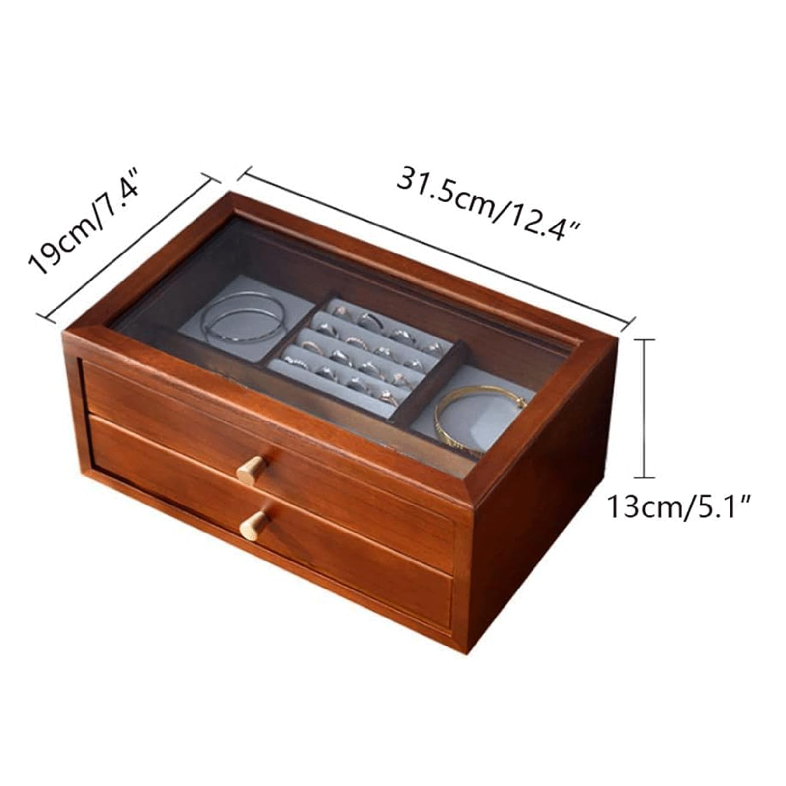 XBTGS Joyero de madera de lujo con 2 capas, organizador de joyas de gran capacidad, caja organizadora de joyas, aretes, anillos, caja de almacenamiento de joyas,
