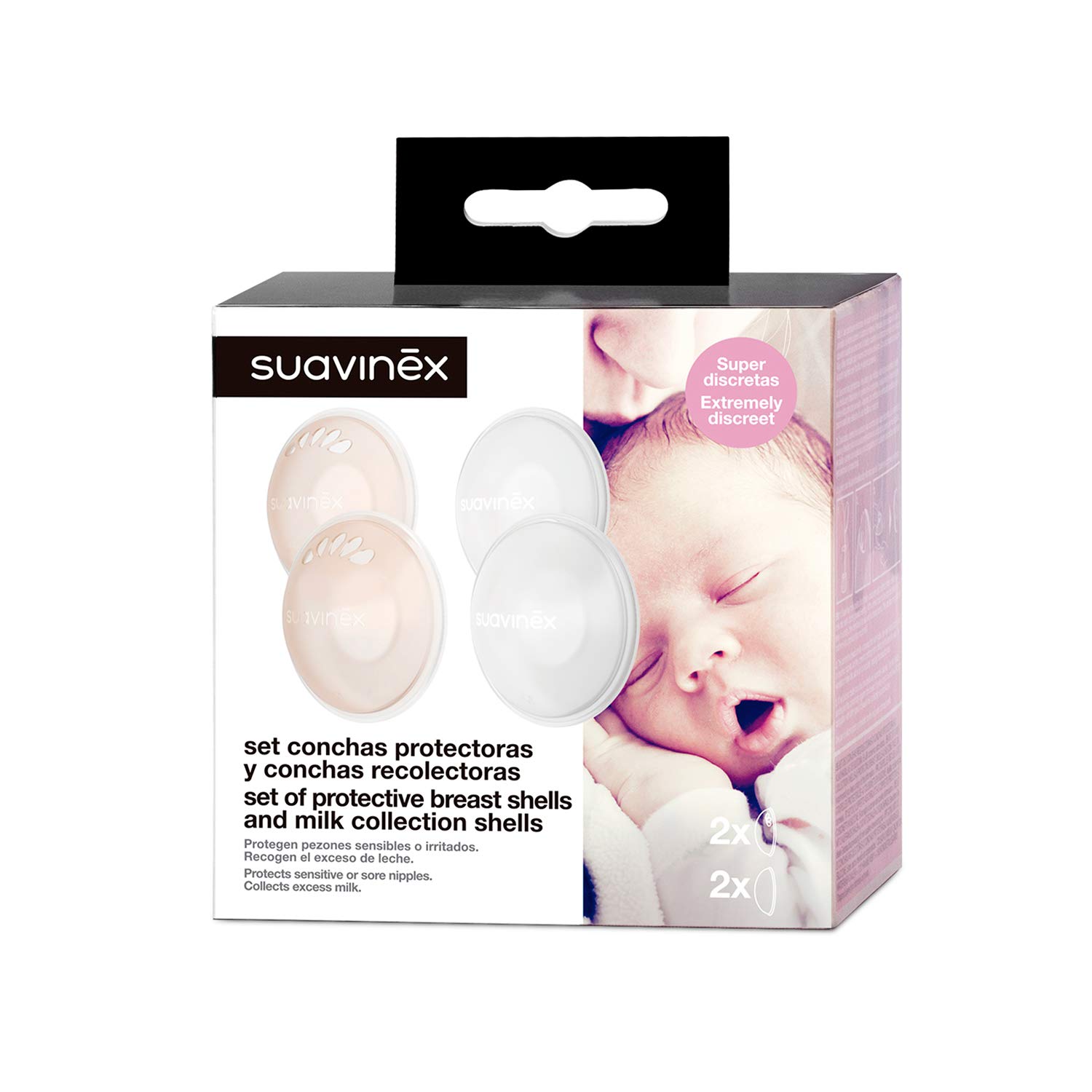 Suavinex, Set 2 Coupelles Recueil Lait Maternel (Recueillent les Pertes de Lait) + 2 Coupelles Protectrices (Protégent les Mamelons). Coquilles Allaitement en Silicone, Protègent les Mamelons Irrités