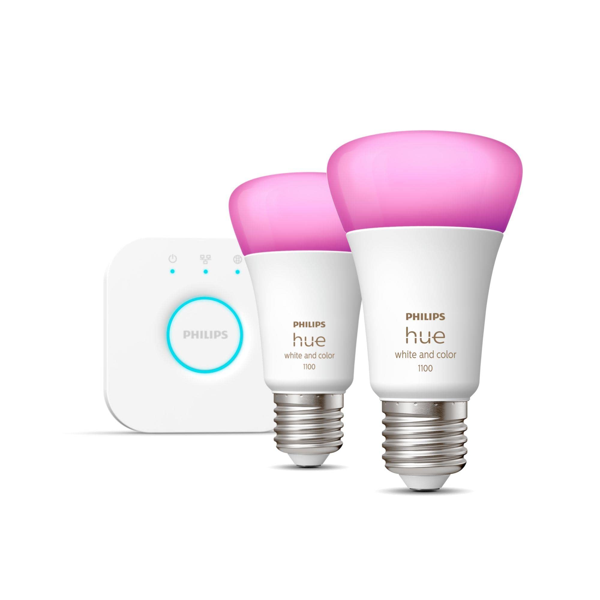 Philips Hue White/Colour Wireless Lighting LED Kit with 2 E27 Bulbs & Bridge A