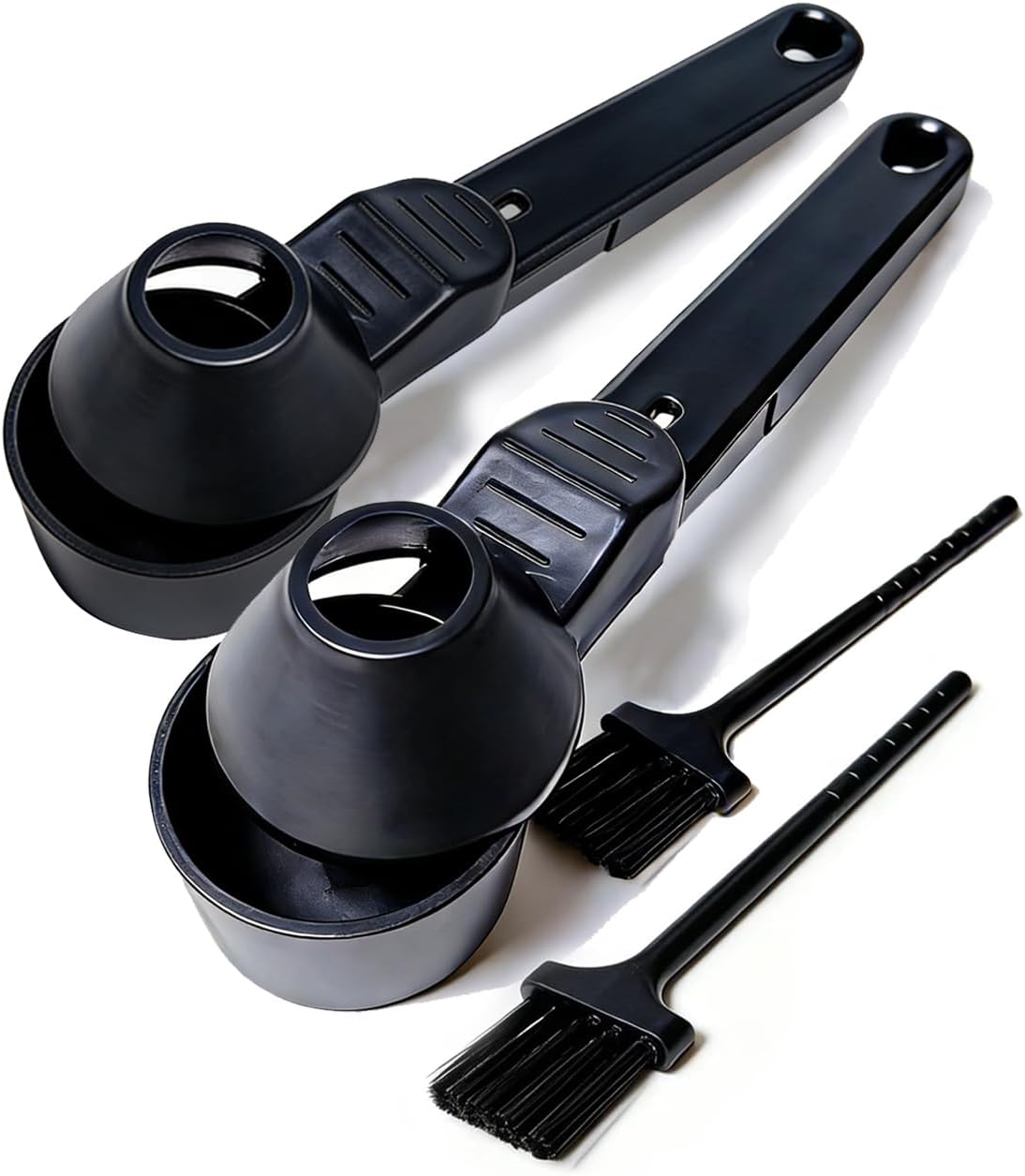Anti-Spill Funnel Coffee Scoop for Reusable Coffee Pods | 2 tbsp measuring capacity, matching cleaning brush, black finish, multi-use powder tool