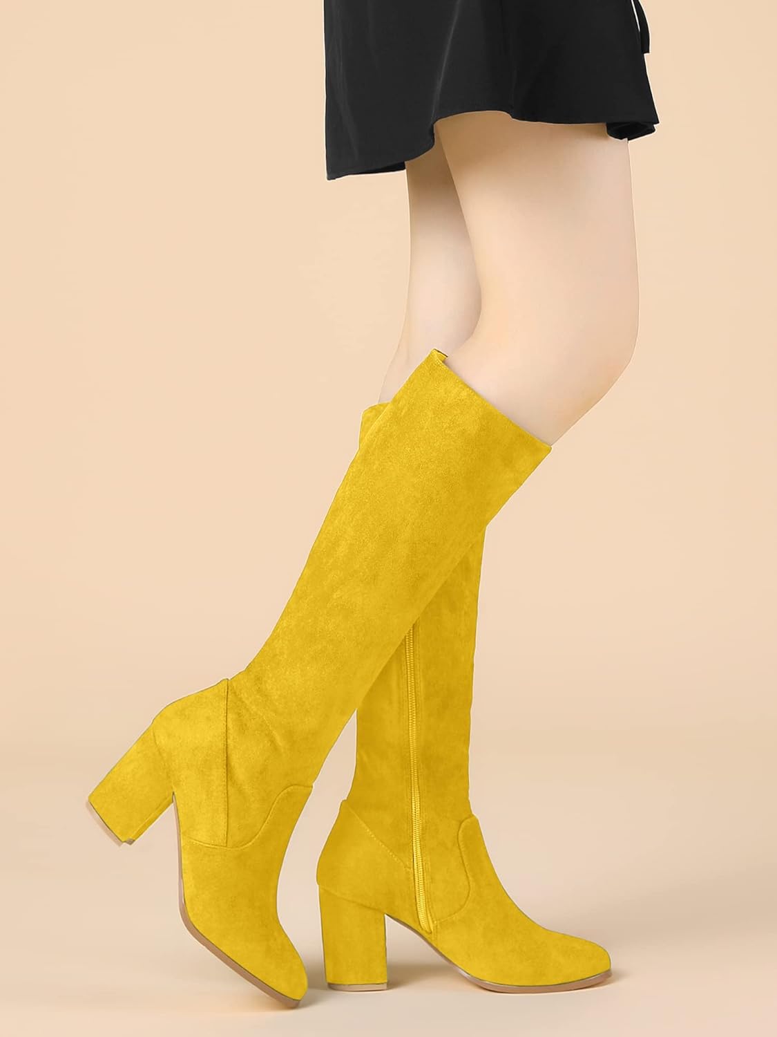 Allegra K Women's Side Zipper Chunky Heel Knee High Yellow Boots 9 M US - - Image 2